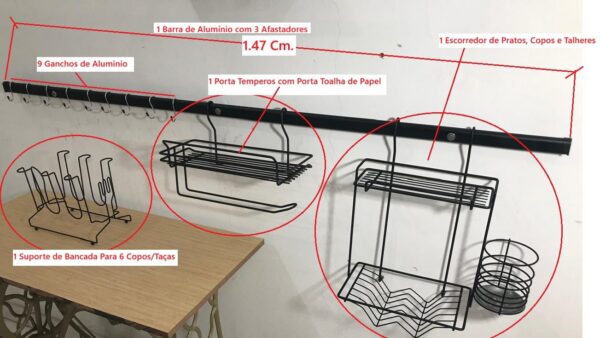 12- Kit Aramado de Cozinha Premium Preto Fosco com Barra e